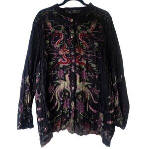 Citron Linen Blend Crinkle Top 3X Black w/ Red Blue Green Dragons